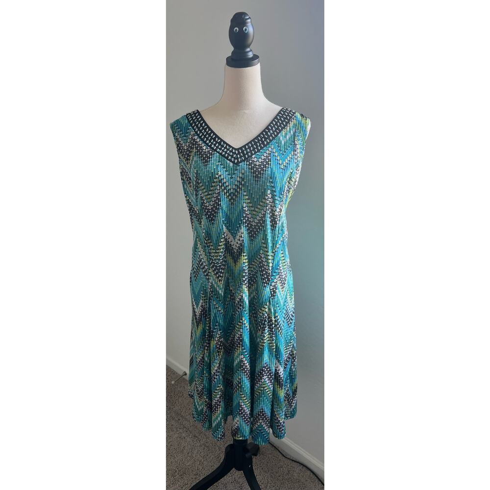 JM Collection Green/Blue Embellished V-Neck‎ Sleeveless Chevron Midi Dress Sz XL